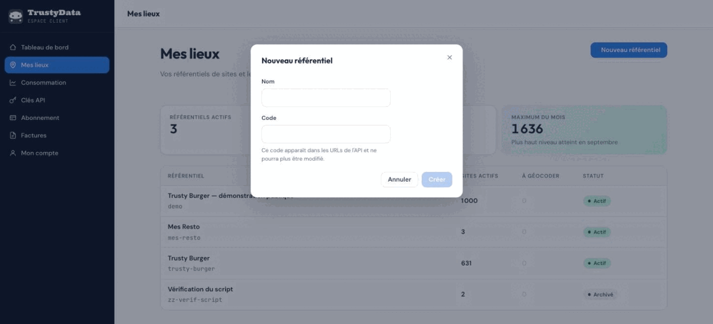 Modale Nouveau référentiel de l'espace client TrustyData : un champ Nom, un champ Code accompagné de la mention « Ce code apparaît dans les URLs de l'API et ne pourra plus être modifié », et les boutons Annuler et Créer.