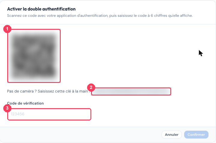 Écran d'activation de la double authentification : le QR code à scanner (1), la clé affichée en toutes lettres pour une saisie manuelle (2) et le champ Code de vérification (3). Sur cette capture, le QR code et la clé sont floutés.
