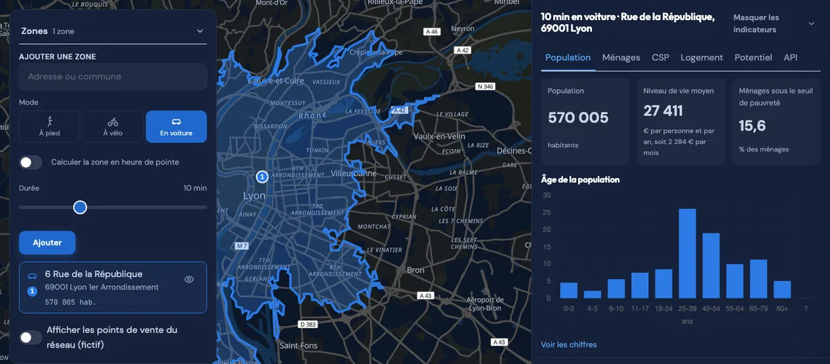 La démo TrustyData : contour de 10 minutes en voiture autour de la rue de la République à Lyon, et la population de la zone, 570 005 habitants