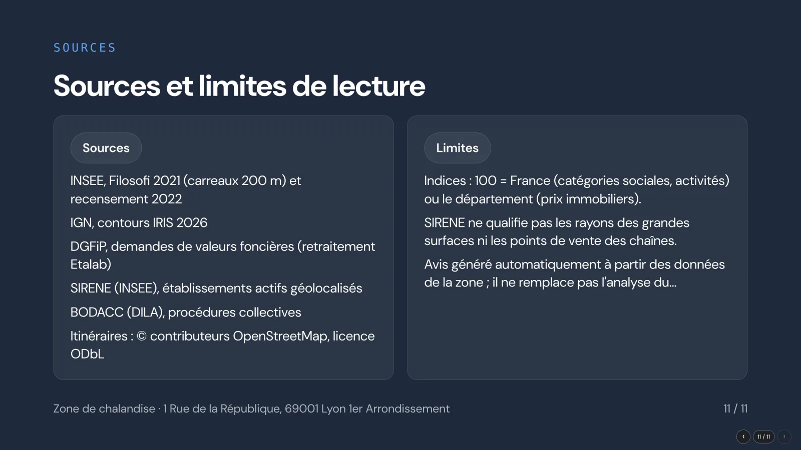 Slide 11 de la présentation. Sources et limites de lecture : INSEE Filosofi 2021 et recensement 2022, IGN Contours IRIS 2026, DGFiP DVF, SIRENE, BODACC, OpenStreetMap ; indices et limites
