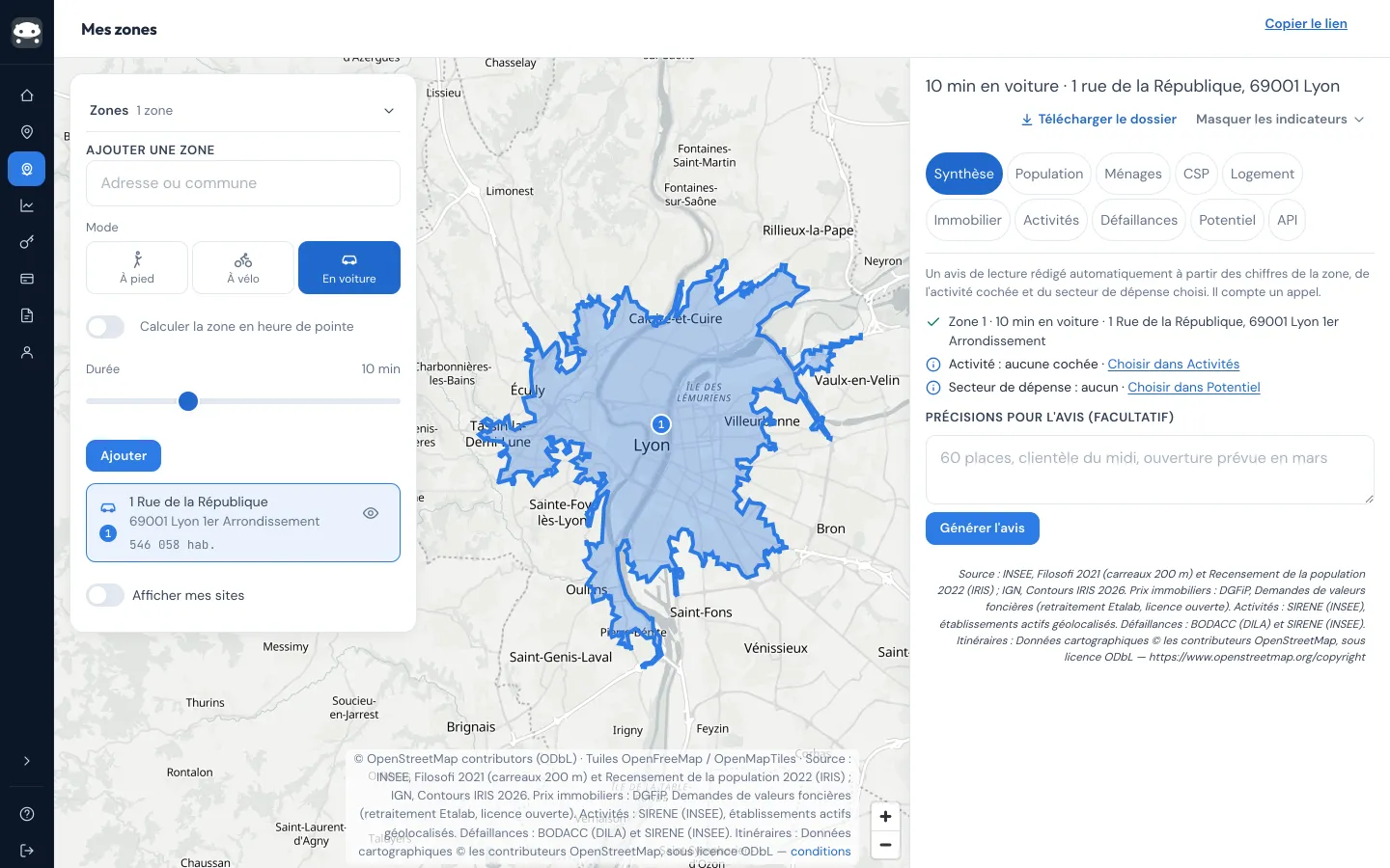 L'écran Mes zones de l'espace client TrustyData : à gauche le formulaire (adresse, mode à pied, à vélo ou en voiture, heure de pointe, durée), au centre le contour de 10 minutes en voiture autour de la rue de la République à Lyon sur la carte, à droite le panneau d'indicateurs avec ses onglets Synthèse, Population, Ménages, CSP, Logement, Immobilier, Activités, Défaillances, Potentiel et API